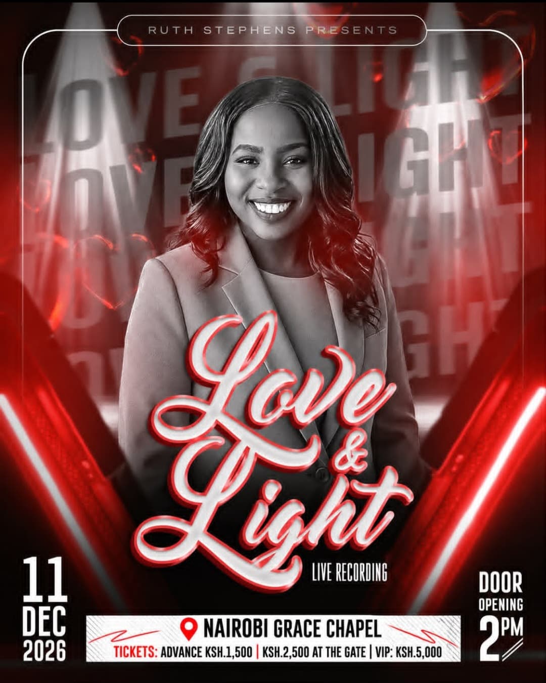 Love & Light live recording flyer featuring Ruth Stephens at Nairobi Grace Chapel, 11 December 2026, doors open at 2 PM
